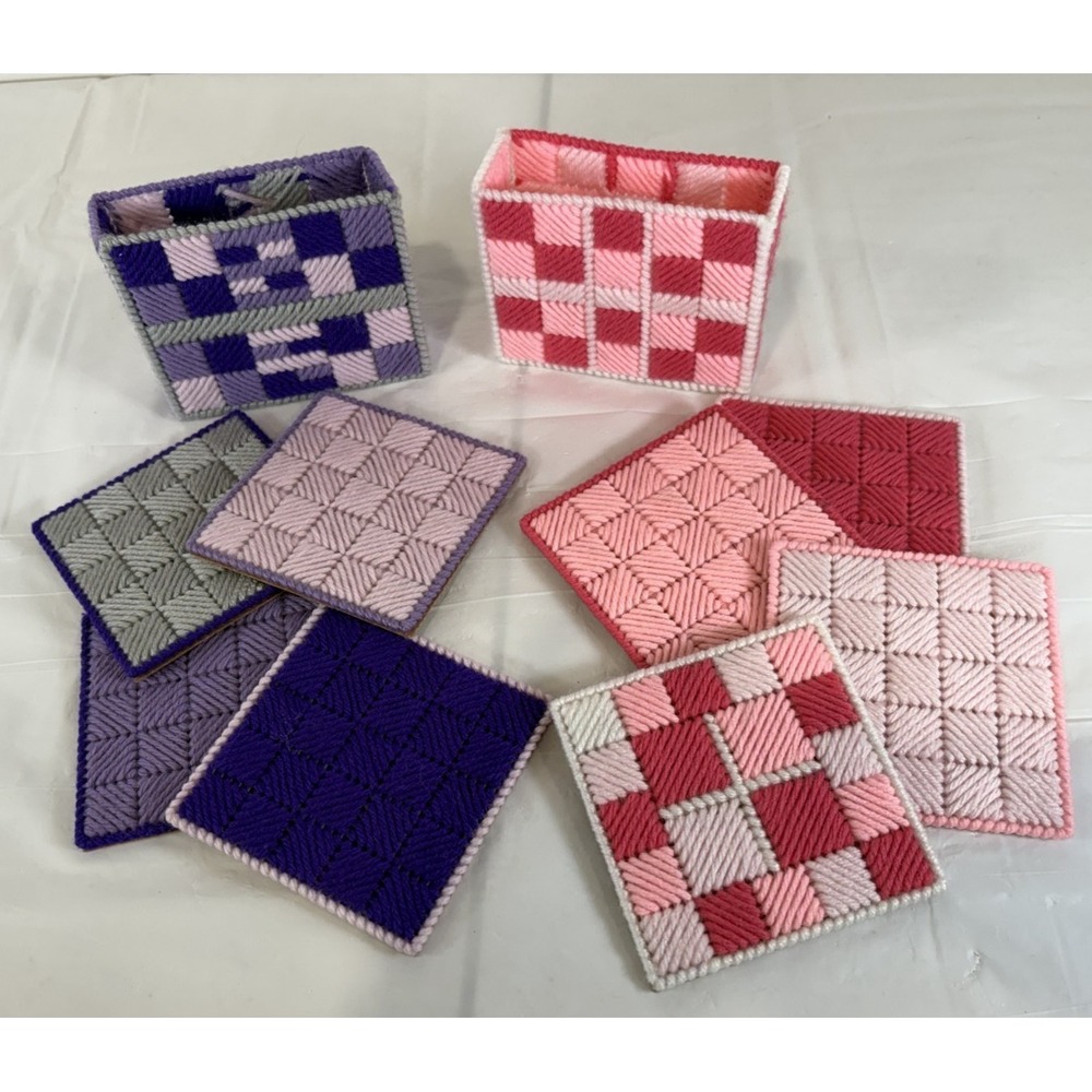 Retro Vintage Handmade Needlepoint Plastic Canvas Coasters Set of 8 w/ 2 Holders